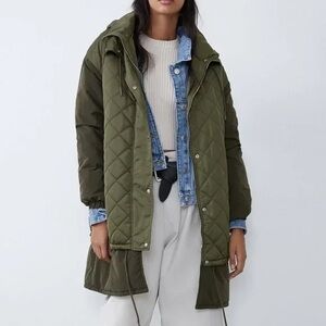 Zara Long Oversized Tonal Army Green Puffer Hooded Jacket Small